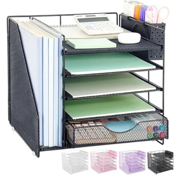 5-Tier Desk Organizer with Drawer & Pen Holder, Metal Mesh Office Storage - Picture 2 of 8